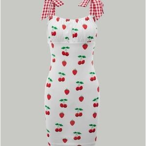 SHEIN MOD Gingham & Fruit Print Tie Shoulder Ruched Cami Dress